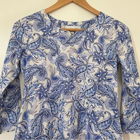 Sara Campbell Floral Paisley Top Blue White 3/4 Sleeve Nylon Elastane Stretch XS - Picture 2 of 7